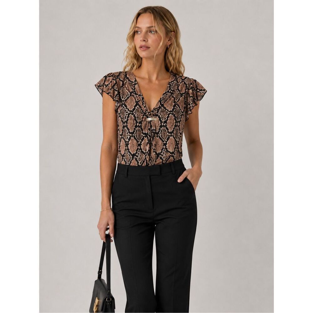 Morgan De Toi Snake Print Ruffle Sleeve Blouse XS Pink Black V Neck Feminine Top